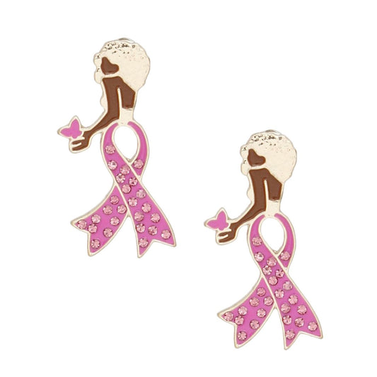Breast Cancer Stud Gold Pink Ribbon Leg Earrings