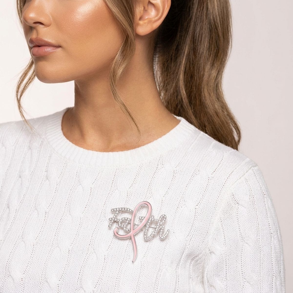 Breast Cancer Brooch Silver Faith Light Pink Ribbon