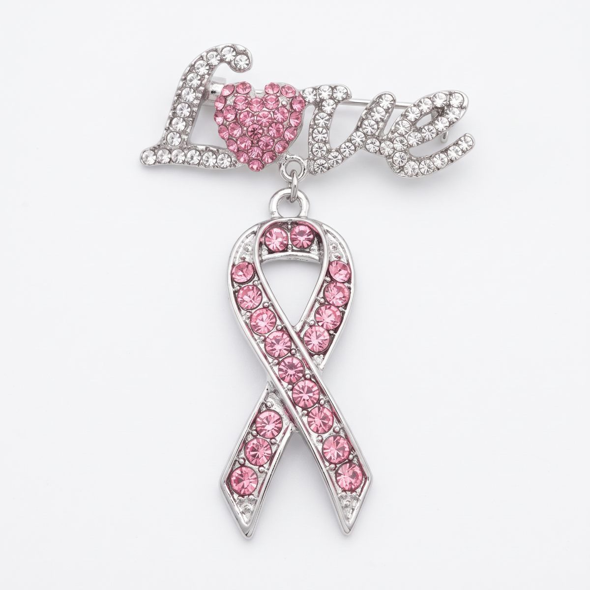 Silver Breast Cancer Love Pink Ribbon Dangle Brooch
