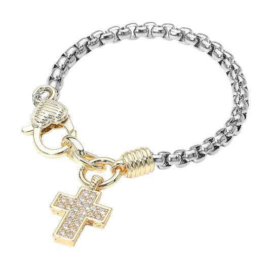 14K Gold Plated CZ Stone Paved Cross Charm Two Tone Bracelet
