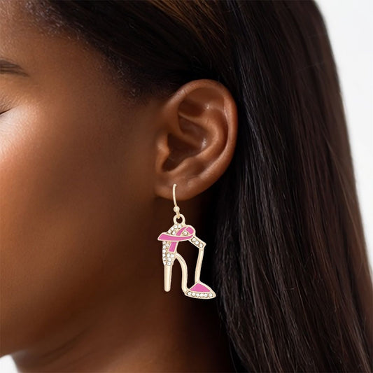 Breast Cancer Fish Hook Gold Heel Ribbon Earrings