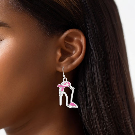 Breast Cancer Fish Hook Silver Heel Ribbon Earrings