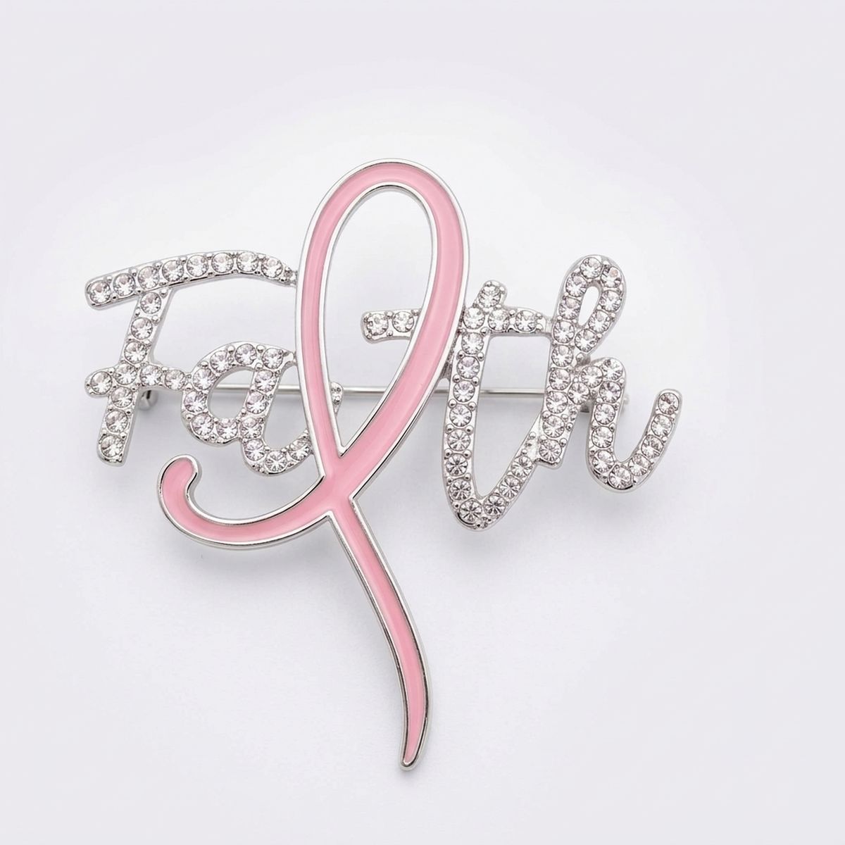 Breast Cancer Brooch Silver Faith Light Pink Ribbon