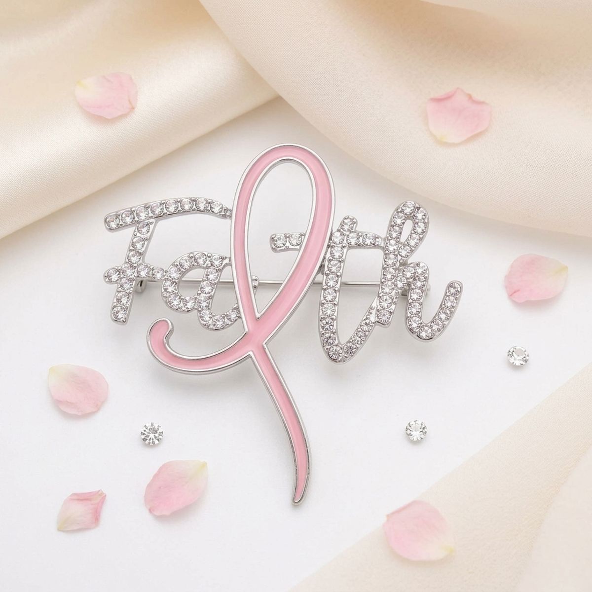 Breast Cancer Brooch Silver Faith Light Pink Ribbon