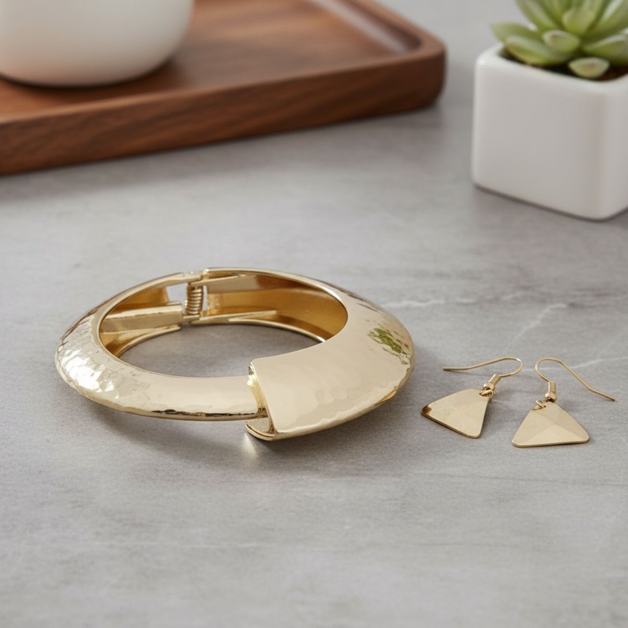 Bangle Hammered Gold Angular Futuristic Bracelet