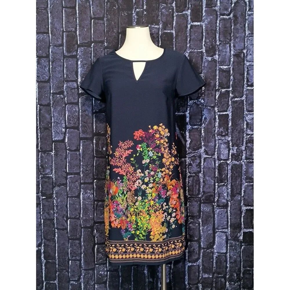 Merona Navy Blue Floral Border Shift Dress Size XS Short Sleeve Keyhole Cut Out