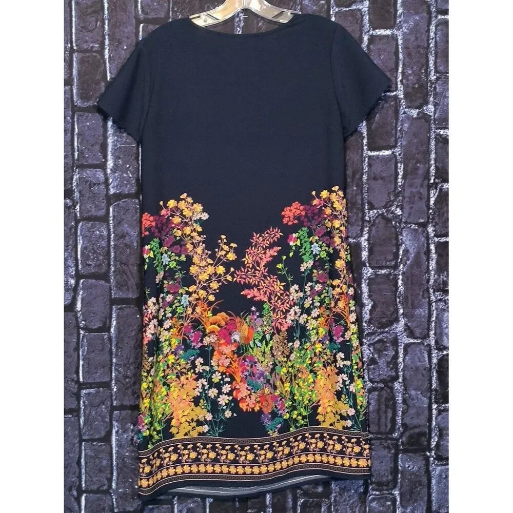 Merona Navy Blue Floral Border Shift Dress Size XS Short Sleeve Keyhole Cut Out