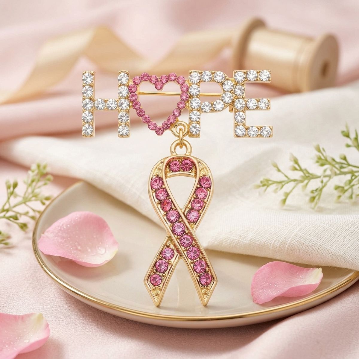 Gold Breast Cancer Hope Pink Ribbon Dangle Brooch