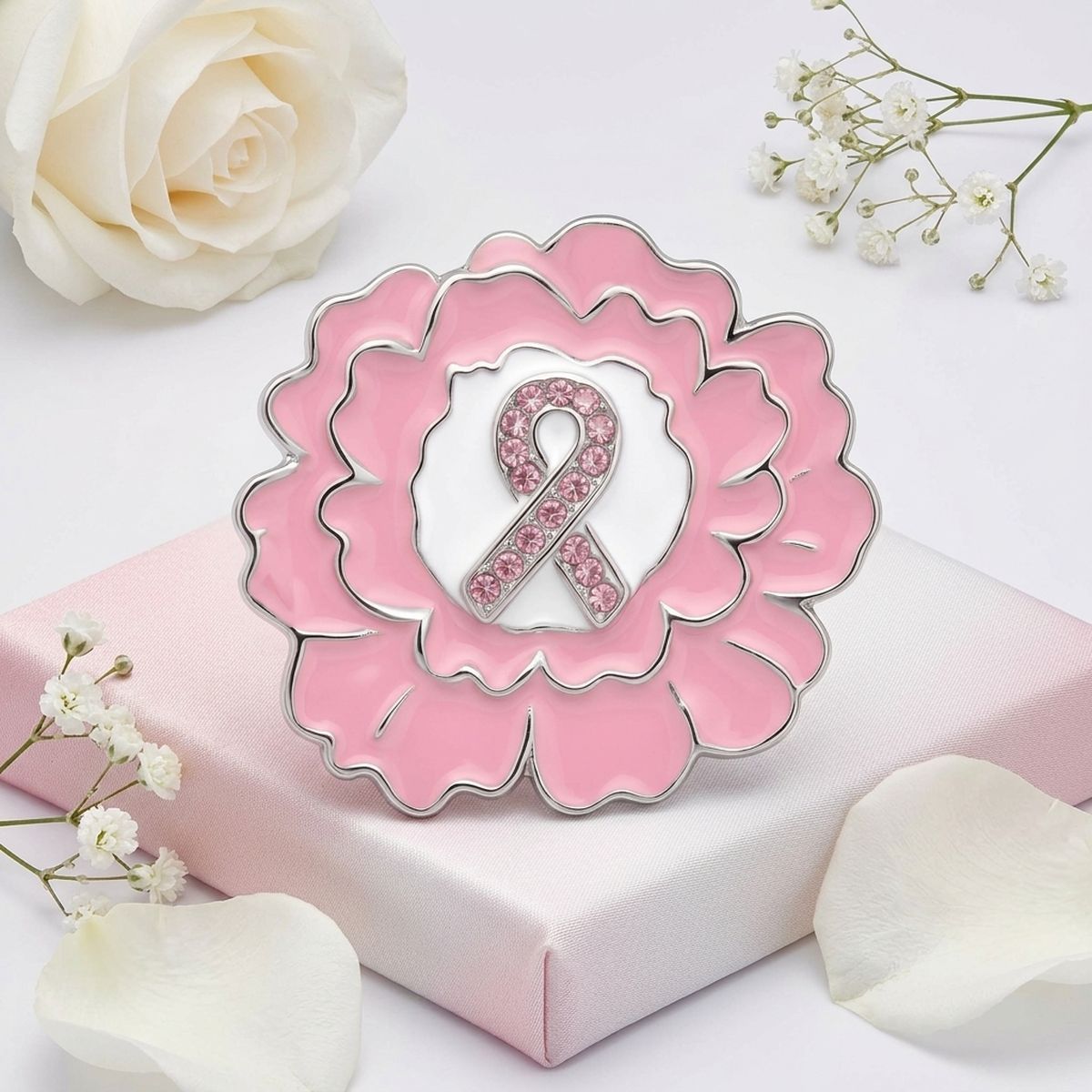 Pink Breast Cancer Awareness Silver Flower Brooch