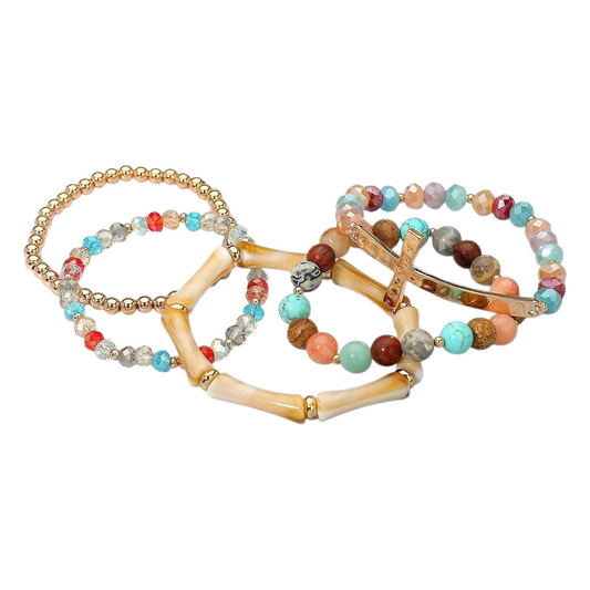 5 PCs Cross w/Bamboo Beaded Bracelets