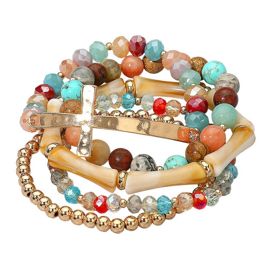 5 PCs Cross w/Bamboo Beaded Bracelets