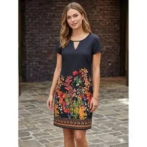 Merona Navy Blue Floral Border Shift Dress Size XS Short Sleeve Keyhole Cut Out